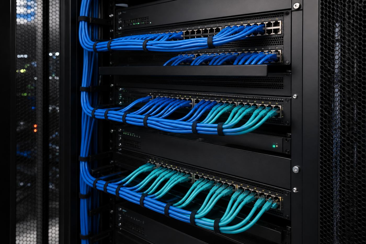 Rack de rede com cabeamento estruturado organizado